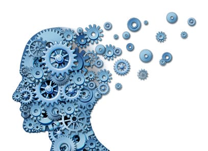 Brain loss and losing memory and intelligence due to neurological trauma and head injury or alzheimers disease caused by aging with gears and cogs in the shape of a human face showing cognitive loss and thinking function.