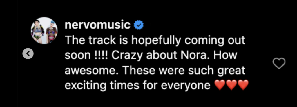 Capture d'écran des réseaux sociaux de Nervo, à propos de la collab avec Avicii