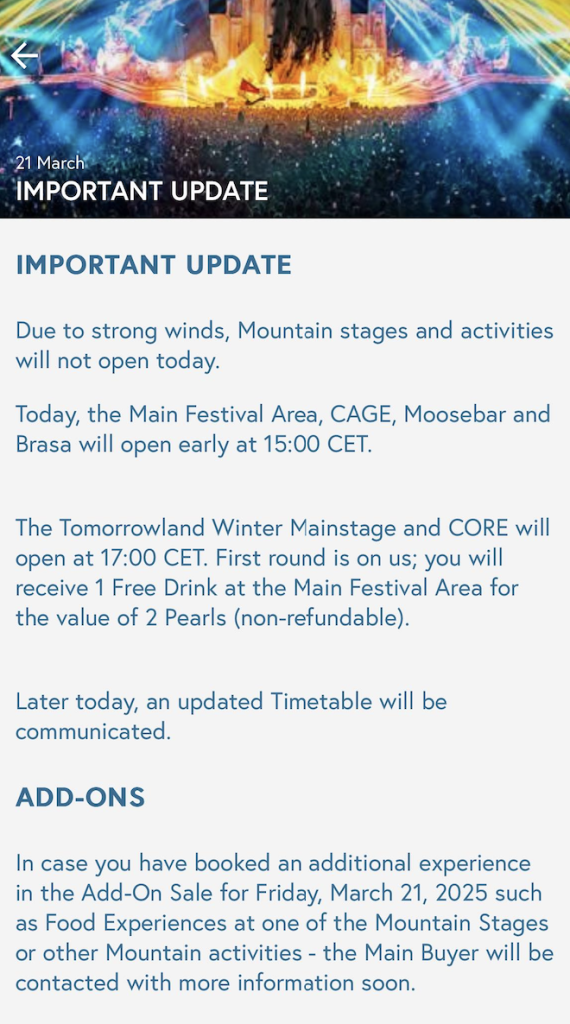 Capture d'écran des informations émanant de l'organisation de Tomorrowland Winter