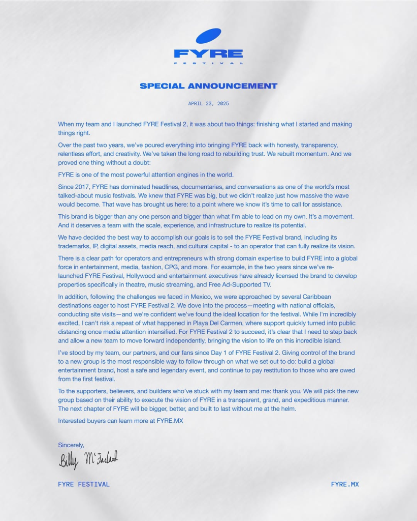Texte d'annonce de la vente du Fyre Festival