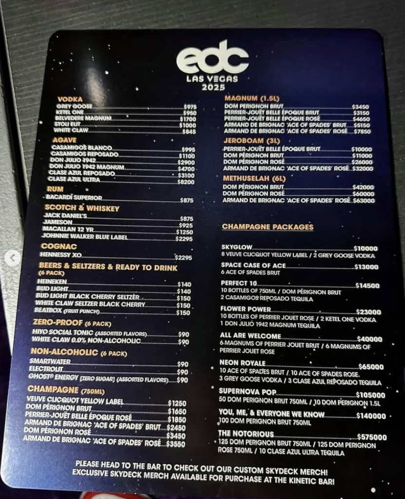 Carte des bouteilles à l'EDC Las Vegas