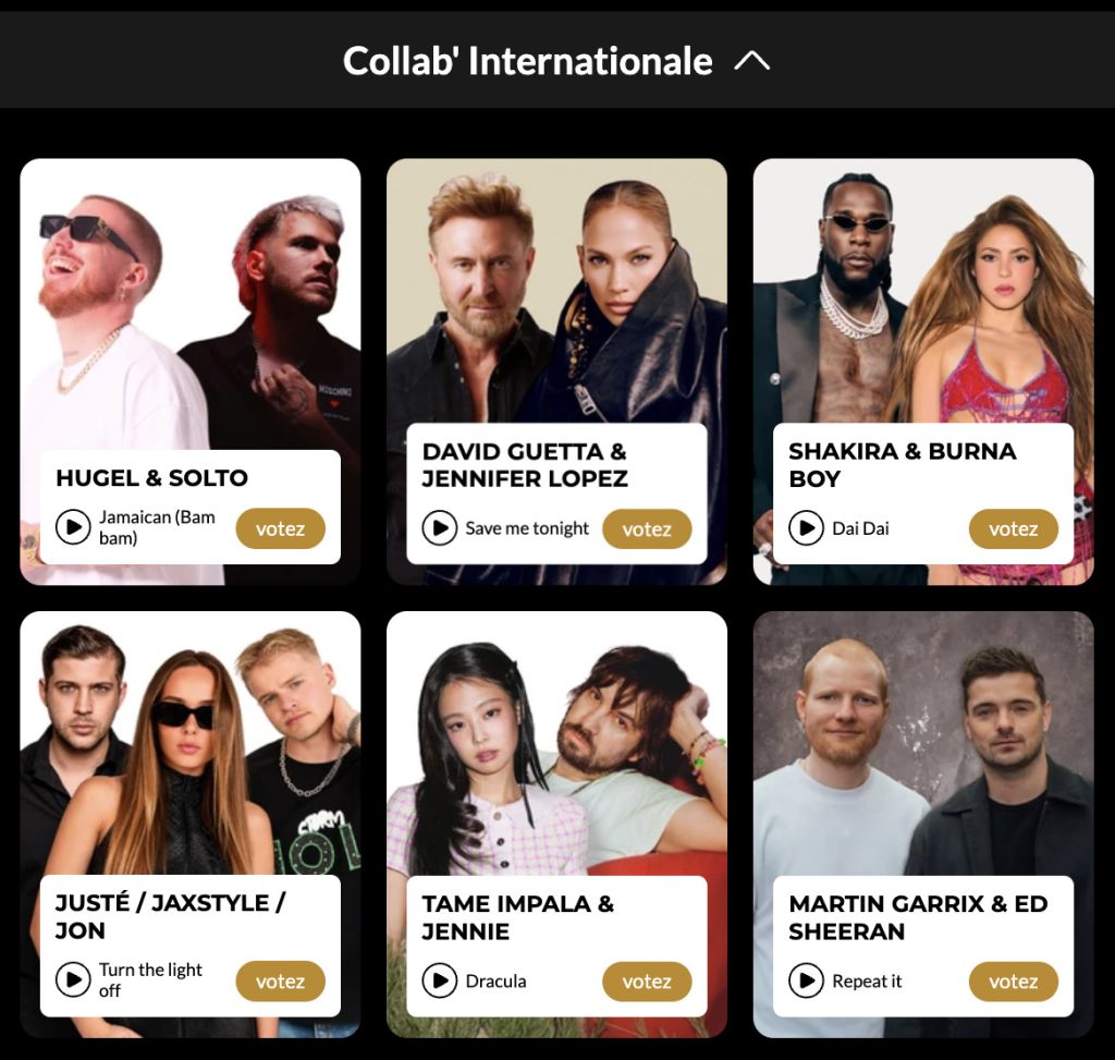 Catégorie collaboration internationale aux NRJ Music Awards 2026 | Source : Site Internet