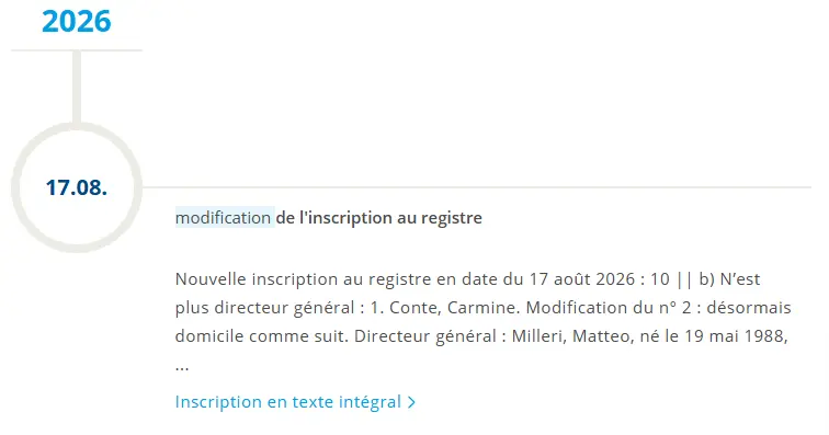 Extrait de la modification des status de l'entreprise Karmat Music GmbH (Afterlife) / Source : firmeneintrag.creditreform.de