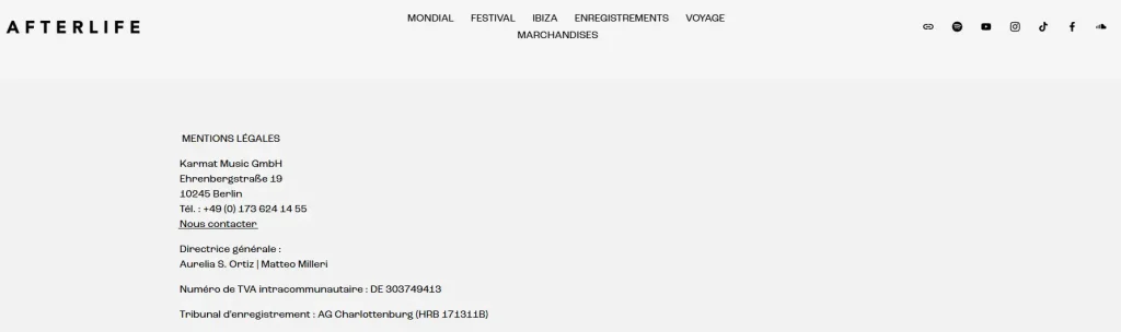 Mentions légales du site internet Afterlife / Source : after.life